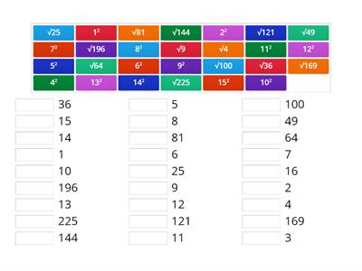 Find the Match - Square numbers and Roots