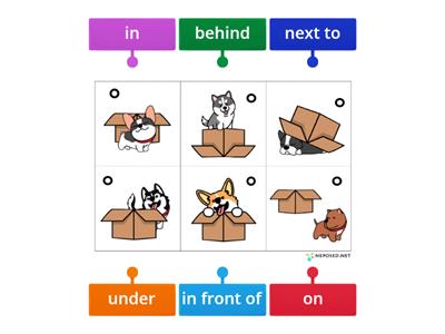 Prepositions in, on, under, behind, in front of, next to