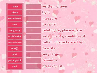 Morph Quiz 3/1 (-eous/-ous/-ious, -ery, -ary, -ess, -tude, max(i), meter/metr, photo, port, rupt, scrib/script, gram/gra