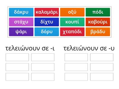Γράφω τις λέξεις στη σωστή στήλη (ι - υ)
