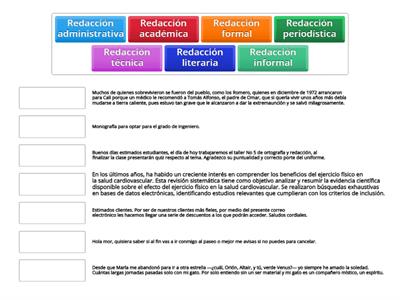 Relaciona los tipos de redacción con sus ejemplos