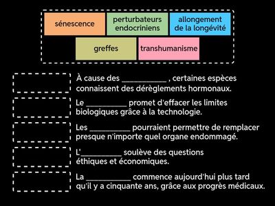 Lisez la phrase et complétez-la avec le terme qui correspond.