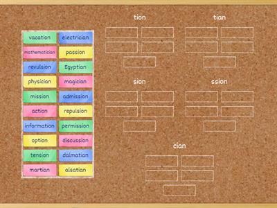 Match the 'shun' word to the suffix spelling