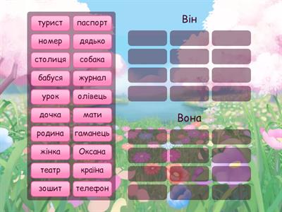 2. Згрупуйте іменники за родом (Write the gender of nouns)