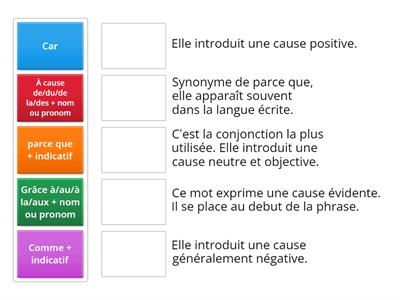 Faites correspondre les articulateurs de cause et conséquence avec leurs caractéristiques :