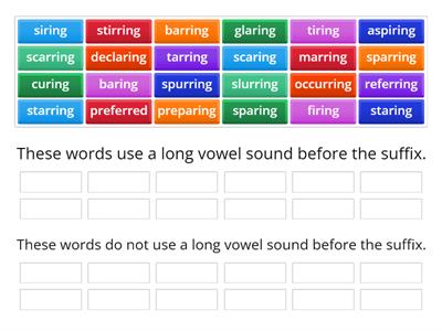 Words that use a long vowel sound because the R is not doubled