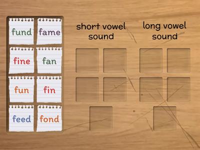 Short and Long Vowel Sound Sort (words: fin, fun, fan, fine, fame, fund, fond, feed)