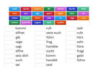 Imperative zu vocare, dicere, esse, agere, audire, videre, venire, dare, quaerere, ducere, sedere, aperire, rogare