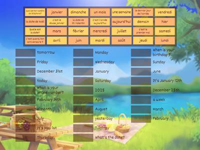 Les jours, mois, vocabulaire et questions selon le calendrier français