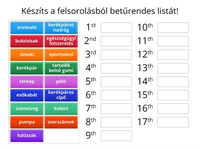 Betűrendbe sorolás - Mit vigyünk a kerékpártúrára?