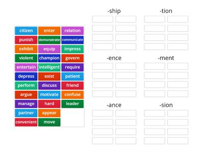 Suffixes -ment,-sion-tion,-hood,-ship