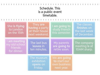 Simple Present (Schedule), Present Continuous (Arrangement), and Be Going To (Intention).
