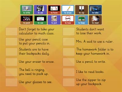 Match-Up Backpack Verb Practice "To" Find the verb phrase for each sentence.