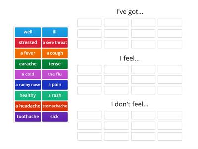 Unit 11 Zdrowie - put the illnesses into correct groups