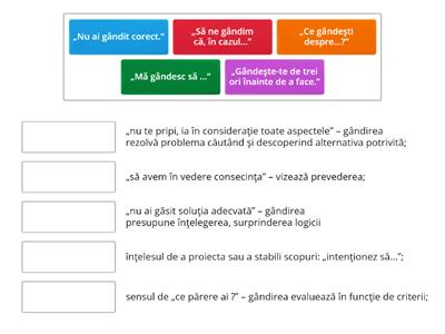 Analizaţi contextele în care apare cuvântul „gândire” sau derivatele sale, apoi realizați asocierea logică.