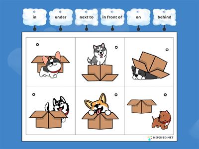 in, on, under, behind, in front of, next to