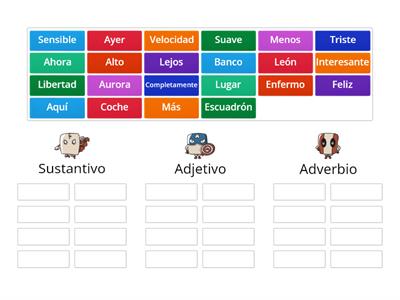 Ordenando categorías gramaticales con el Escuadrón Gramatical: sustantivo, adjetivo y adverbio.