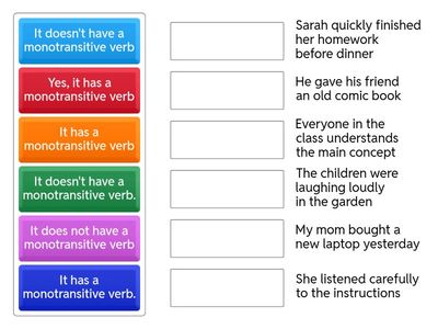 Indicate if the following sentences have monotransitive verbs or not
