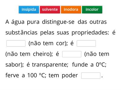 Propriedades da água | Atividade de preenchimento de lacunas