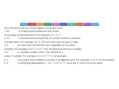 Review of Key Algebra Vocabulary