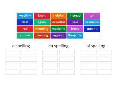 Unit 7 /e/ spelling options < e. ea. ai  >