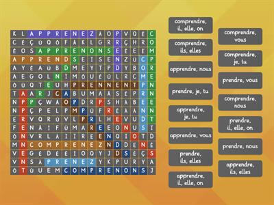prendre, apprendre, comprendre, présent mots mêlés
