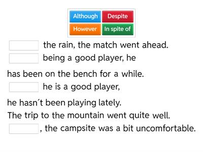 Although, despite, in spite of and however matching exercise