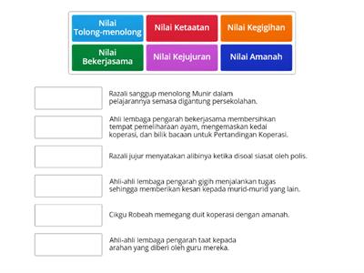 Nilai di dalam Novel Sejambak Bakti. Padankan nilai yang bersesuaian dengan contoh yang diberikan.