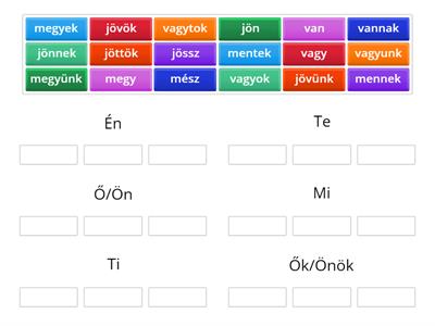 Verb conjugation (indefinite, present, jön, megy, van)
