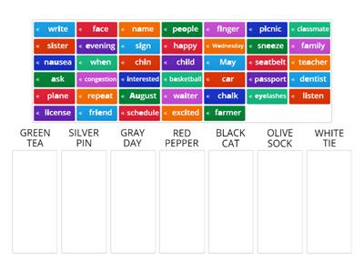 stressed_II Color Vowel Word Sort (GREEN TEA, SILVER PIN, GRAY DAY, RED PEPPER, BLACK CAT, OLIVE SOCK, WHITE TIE)