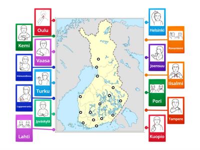 Viittoma: Suomen kaupungit kartalla (Viittomakuvat: Papunet.net)