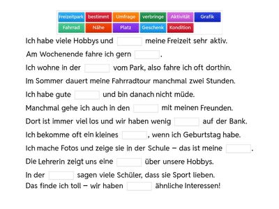 Lückentext Wortschatz 5 Klasse A2: Freizeit