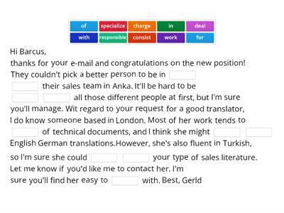 Complete the e-mail with a verb and a preposition.