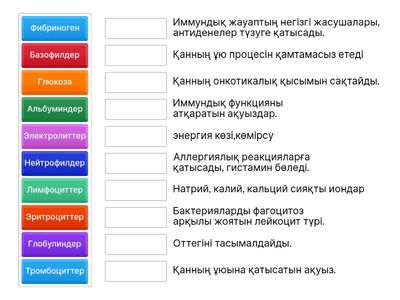 Қан жасушаларын және қан плазмаларын сәйкестендіріңіз