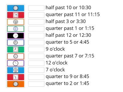 telling time (half past, quarter to, quarter past, o'clock)