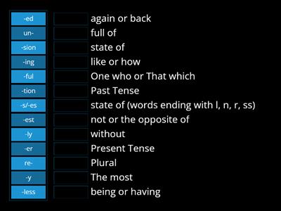 Match up affixes with their definitions