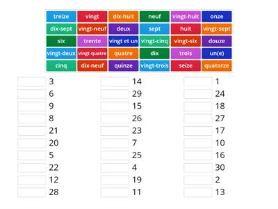 Match-Up Les Nombres 0 - 30