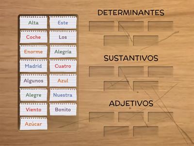 Clasifica en determinantes, sustantivos y adjetivos