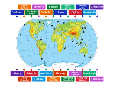 Mapa fizyczna świata. Wyspy. Poziom podstawowy