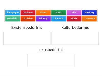 WiSo: Existenzbedürfnis, Kulturbedürfnis und Luxusbedürfnis - Ordne bitte die richtigen Beispiele zu.