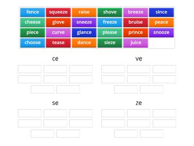 x-Final Sounds ce, ve, se, ze (Green- Inflected End)