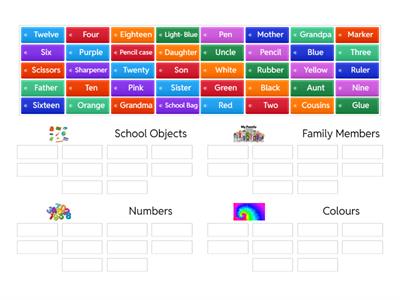 Numbers, Colours, Family Members & School Objects