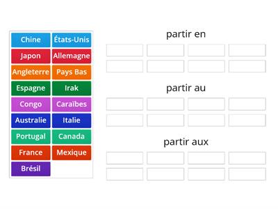 les prépositions des pays 1,classe dans la bonne colonne: au, en aux?