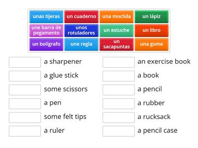 Spanish pencil case items