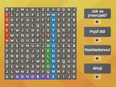 Happy House 1 Unit 1 Lesson 2-3 basic phrases EN-CZ (with sounds) - wordsearch (+najít shodu, křížovka, kat)