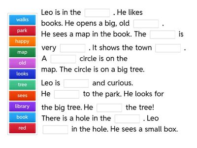 Vocabulary: library, book, map, old, park, red, tree, happy, looks, walks, sees