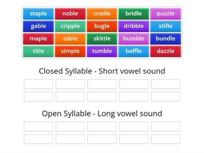 Consonant -le Short/Long Vowel Sound Word Sort