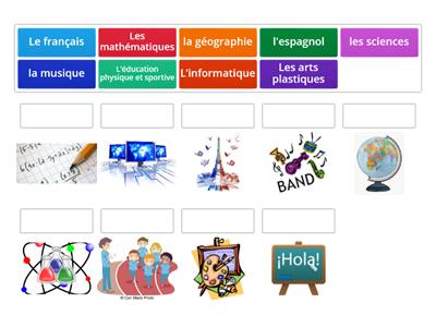 Associez chaque matière scolaire à une photo.