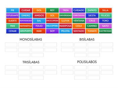 Agrupa las palabras Monosílabas, Bisílabas, Trisílabas, Polisílabas