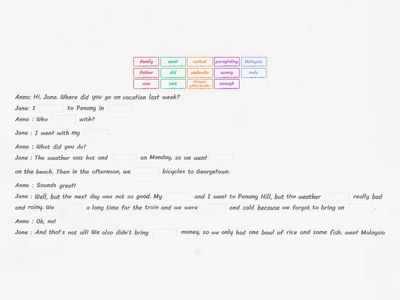 用日记中的信息完成关于简去槟城之行的对话。